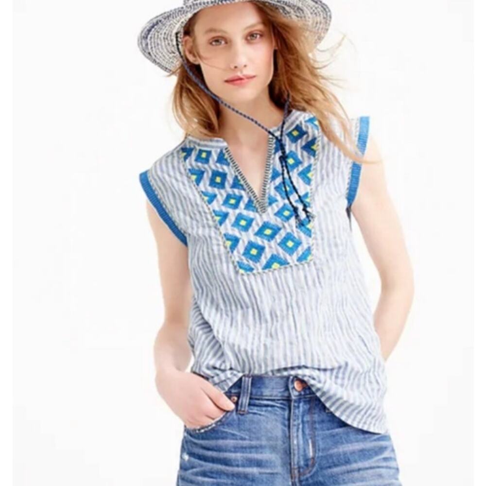 J. Crew Women's Blue Sleeveless Boho Sunburst Embroidered Crinkle Blouse Size 0